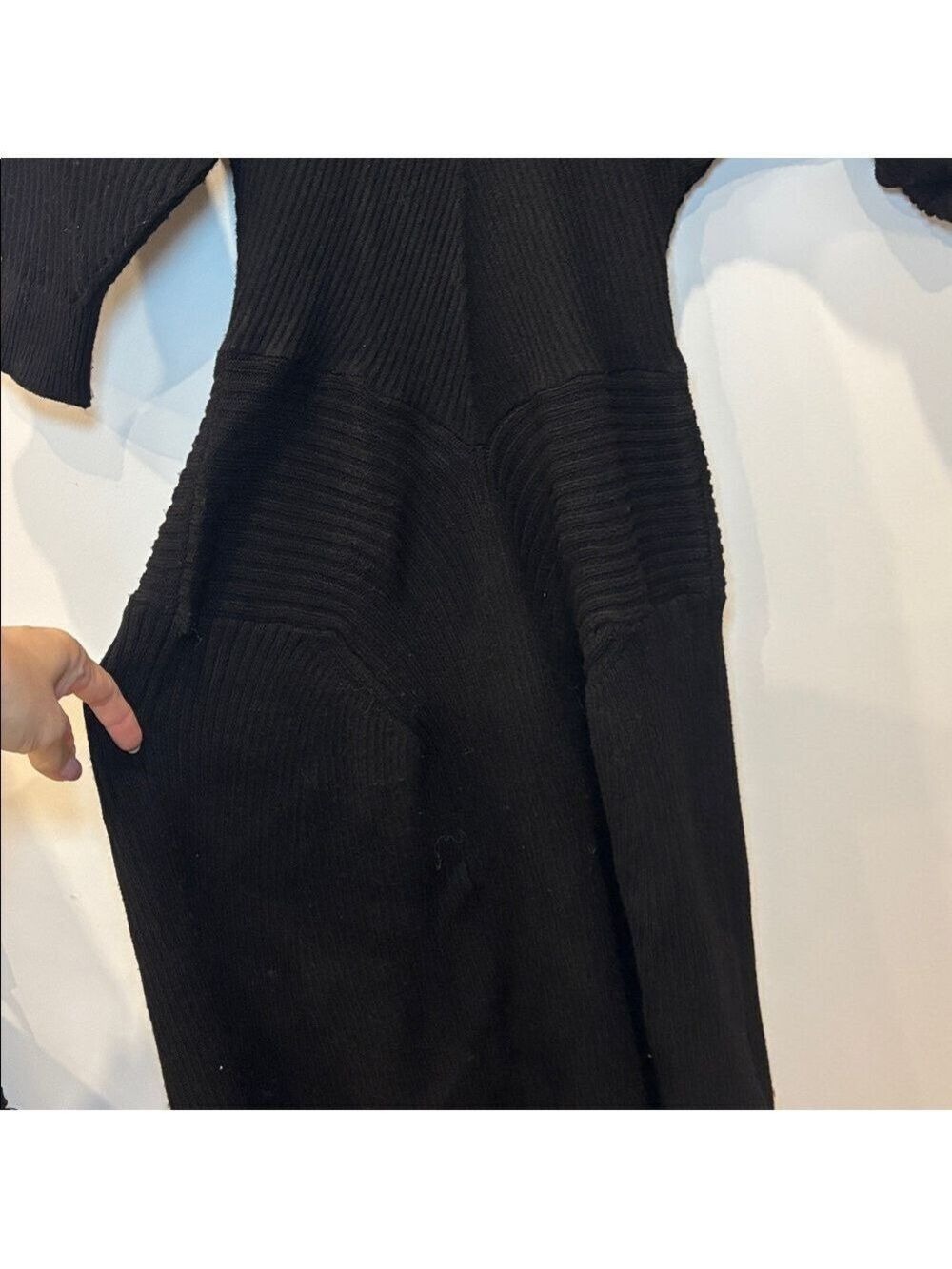 Anthropologie Black Ribbed Knit Sweater Midi Dress Flutter Sleeve Small NWT 0598 - Picture 6 of 10